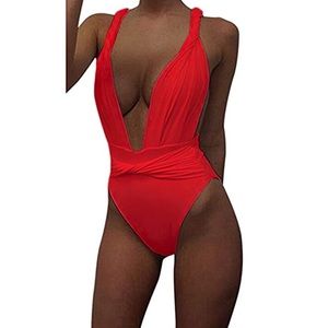 Red Backless Halter One Piece